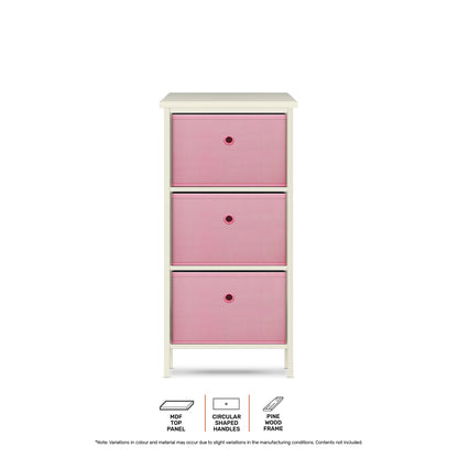 Home Master 3 Drawer Pine Wood Storage Chest Pink Fabric Baskets 70 x 80cm